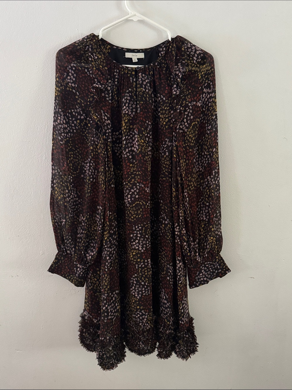 Joie Dark Floral Long-Sleeve Ruffle-Hem Dress Sz XS